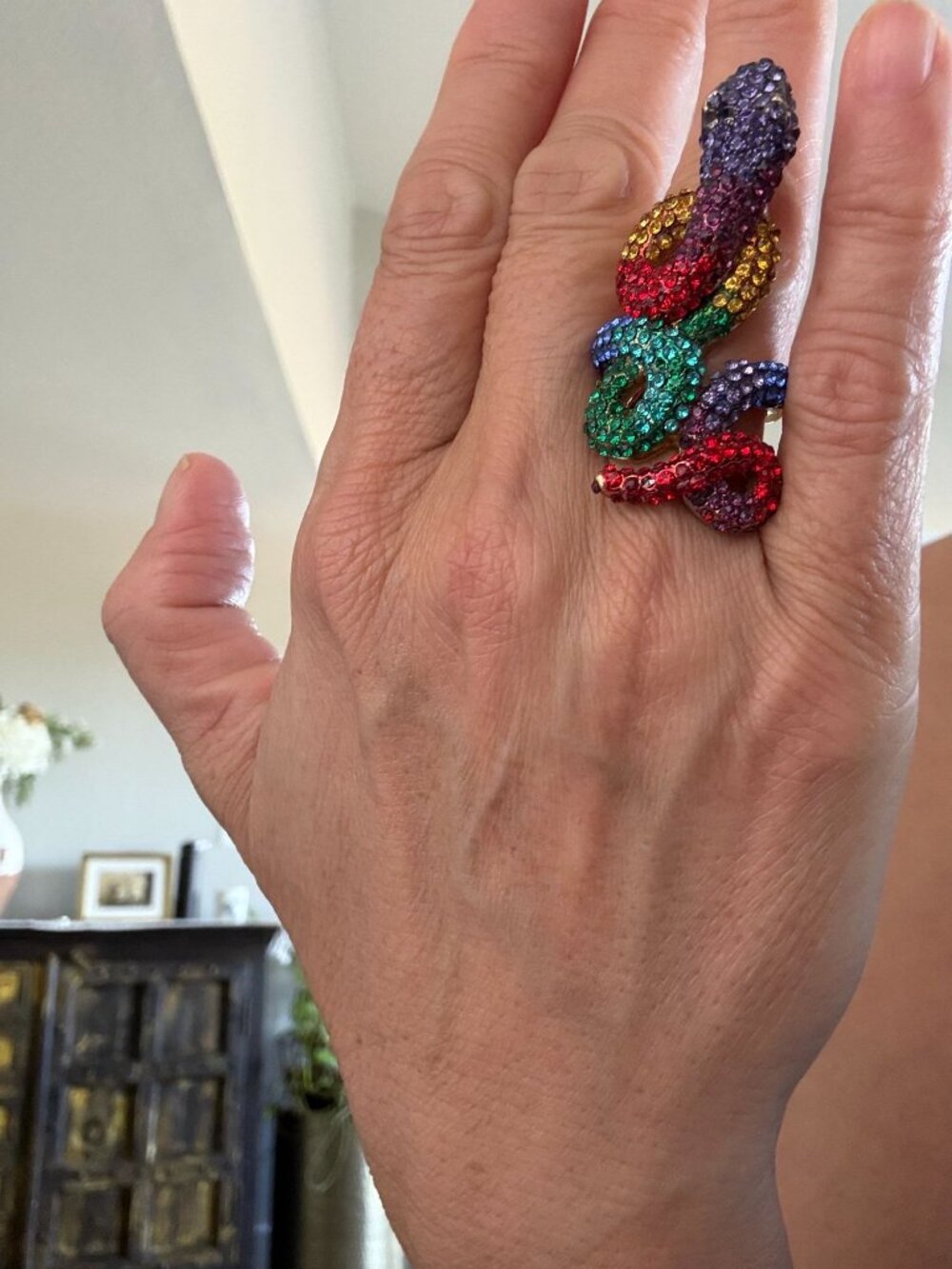 Rainbow Rhinestone Coiled Snake Statement Ring Gold Tone Multicolor Size 6 - Picture 4 of 6